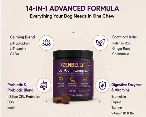ZENBELLY Gut-Calm Complex for Dogs – Probiotic & Calming Soft Chews with Gut-Brain Support (60 Chews)