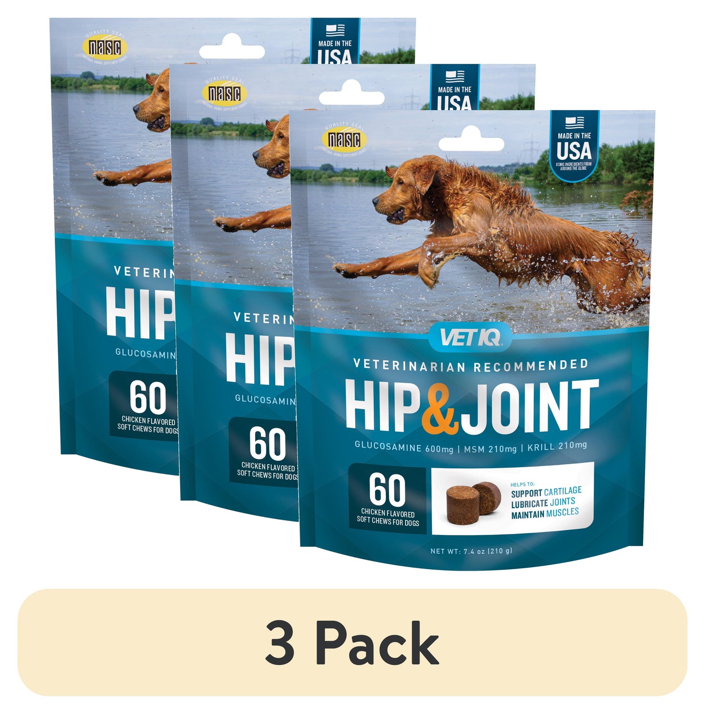 Vetiq Hip and Joint Soft Chews for Dogs - Delicious Chicken Flavor, 60 Count (3 Pack) - 7.4 Oz