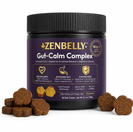 ZENBELLY Gut-Calm Complex for Dogs – Probiotic & Calming Soft Chews with Gut-Brain Support (60 Chews)